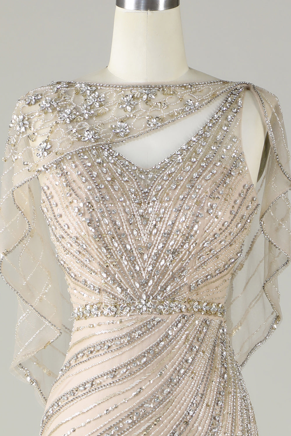 Sparkly Champagne Beaded Mermaid Long Ball Dress with Wrap