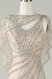 Sparkly Champagne Beaded Mermaid Long Ball Dress with Wrap