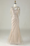 Sparkly Champagne Beaded Mermaid Long Ball Dress with Wrap
