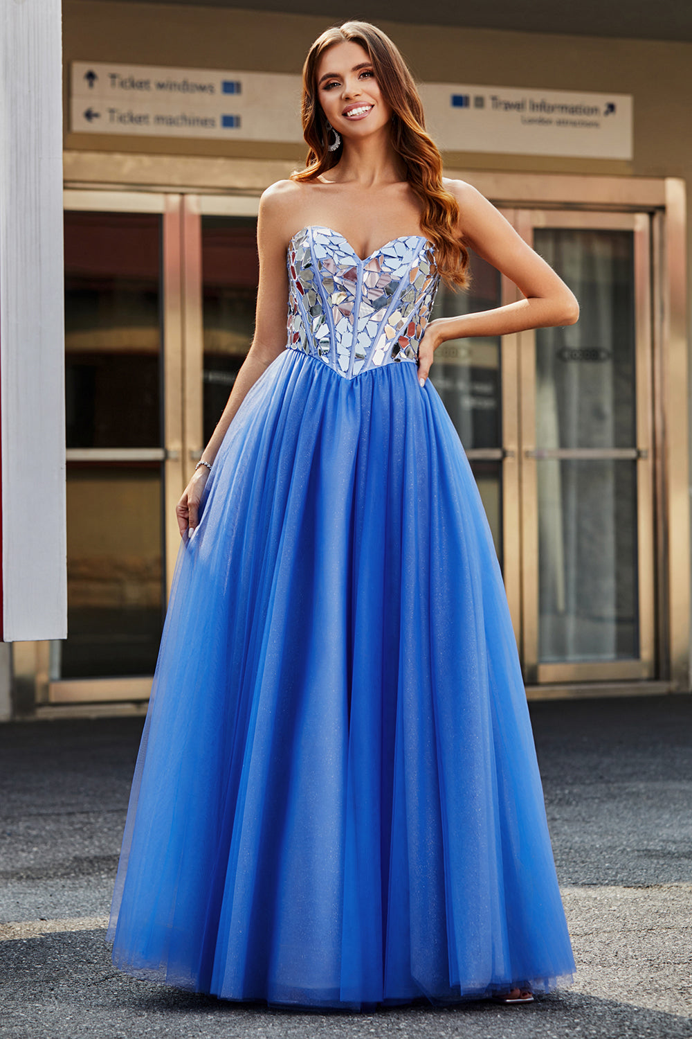 Royal Blue A-Line Sweetheart Broken Mirrors Strapless Corset Long Ball Dress