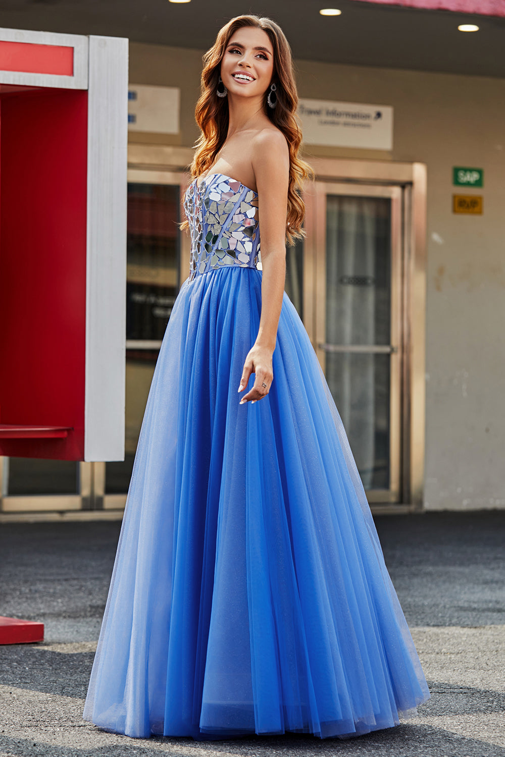 Royal Blue A-Line Sweetheart Broken Mirrors Strapless Corset Long Ball Dress