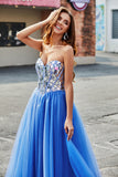 Royal Blue A-Line Sweetheart Broken Mirrors Strapless Corset Long Ball Dress