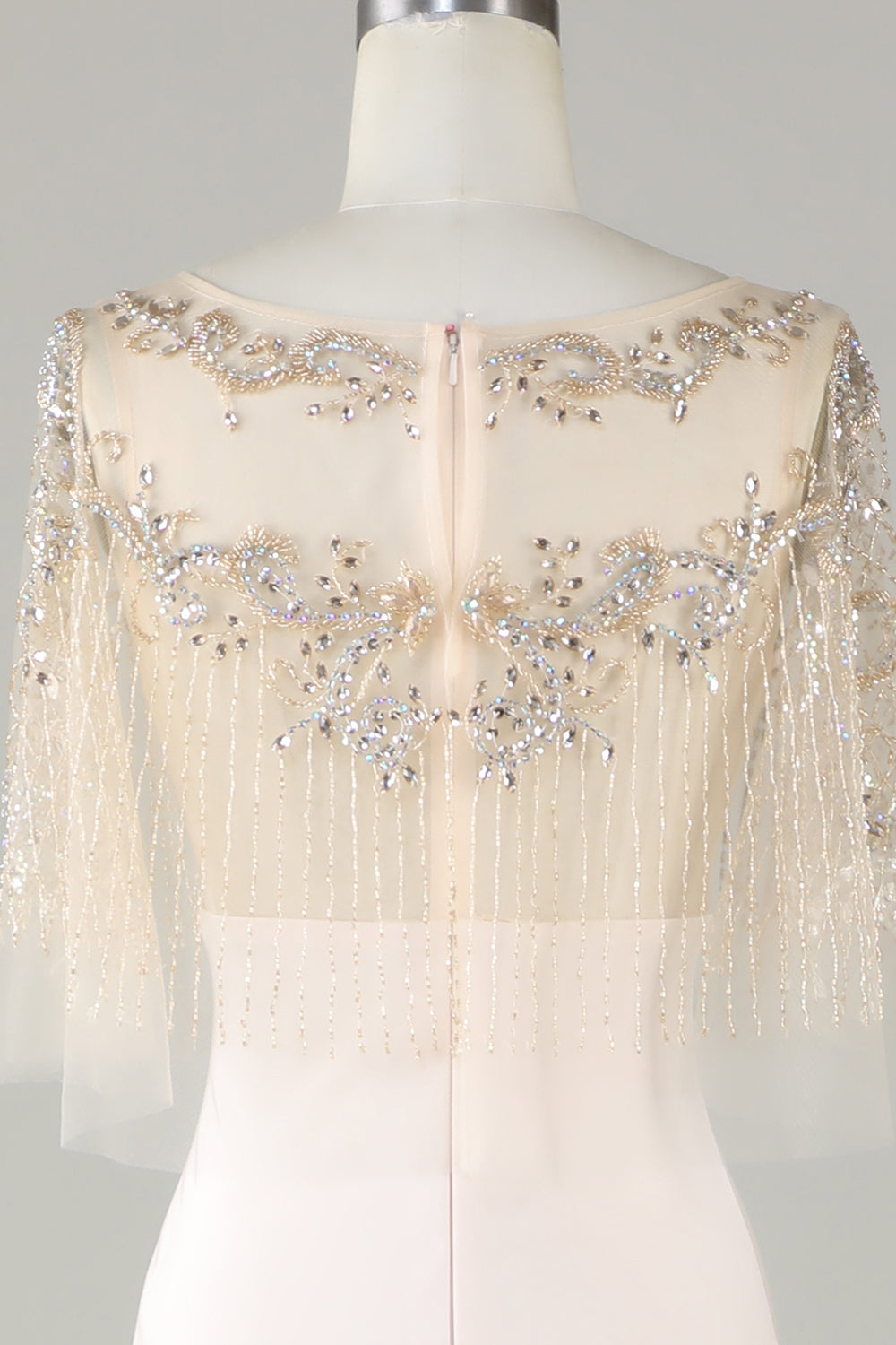 Sparkly Champagne Boat Neck Beaded Mermaid Long Ball Dress