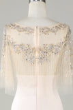 Sparkly Champagne Boat Neck Beaded Mermaid Long Ball Dress