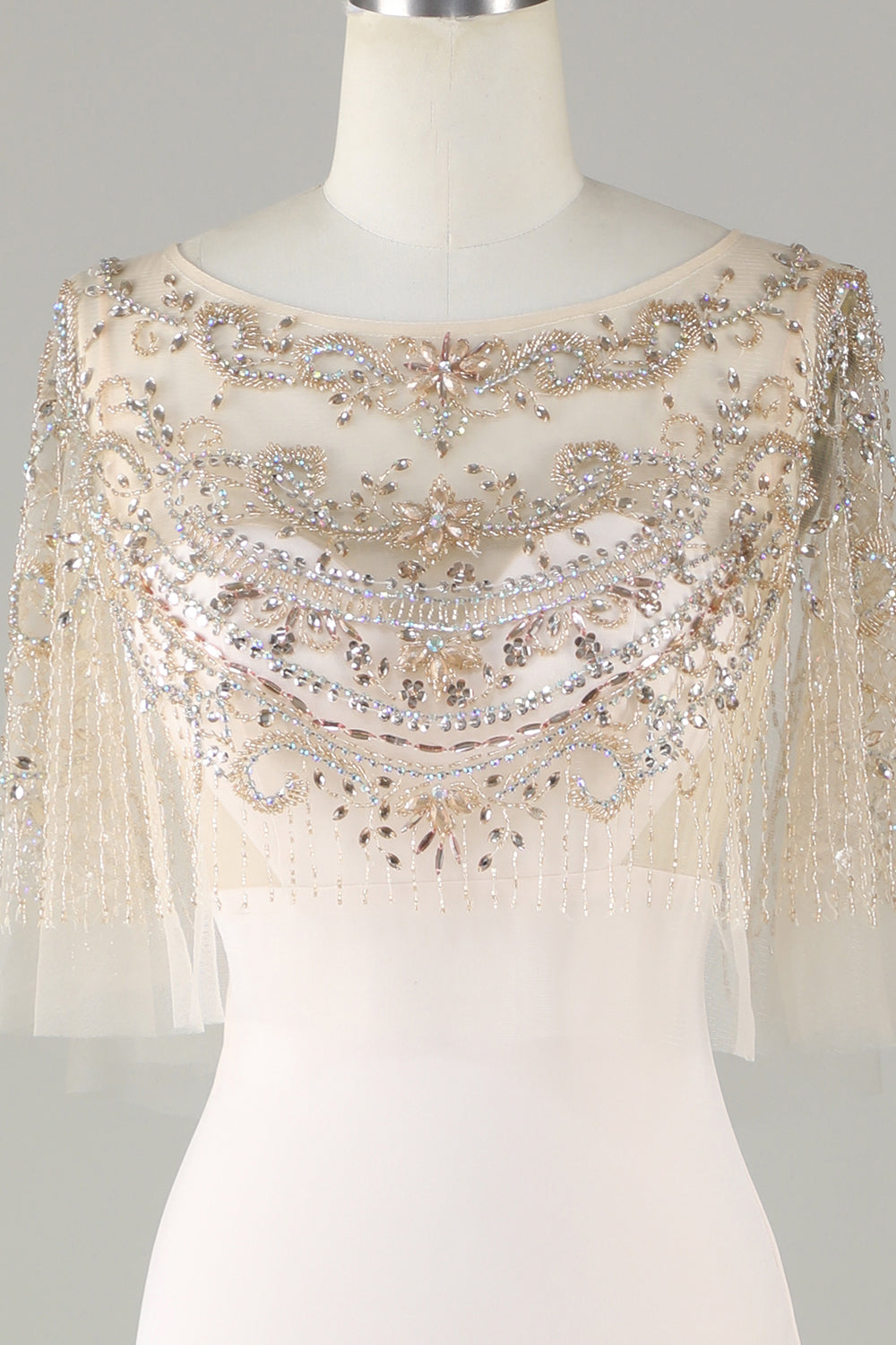 Sparkly Champagne Boat Neck Beaded Mermaid Long Ball Dress