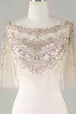 Sparkly Champagne Boat Neck Beaded Mermaid Long Ball Dress