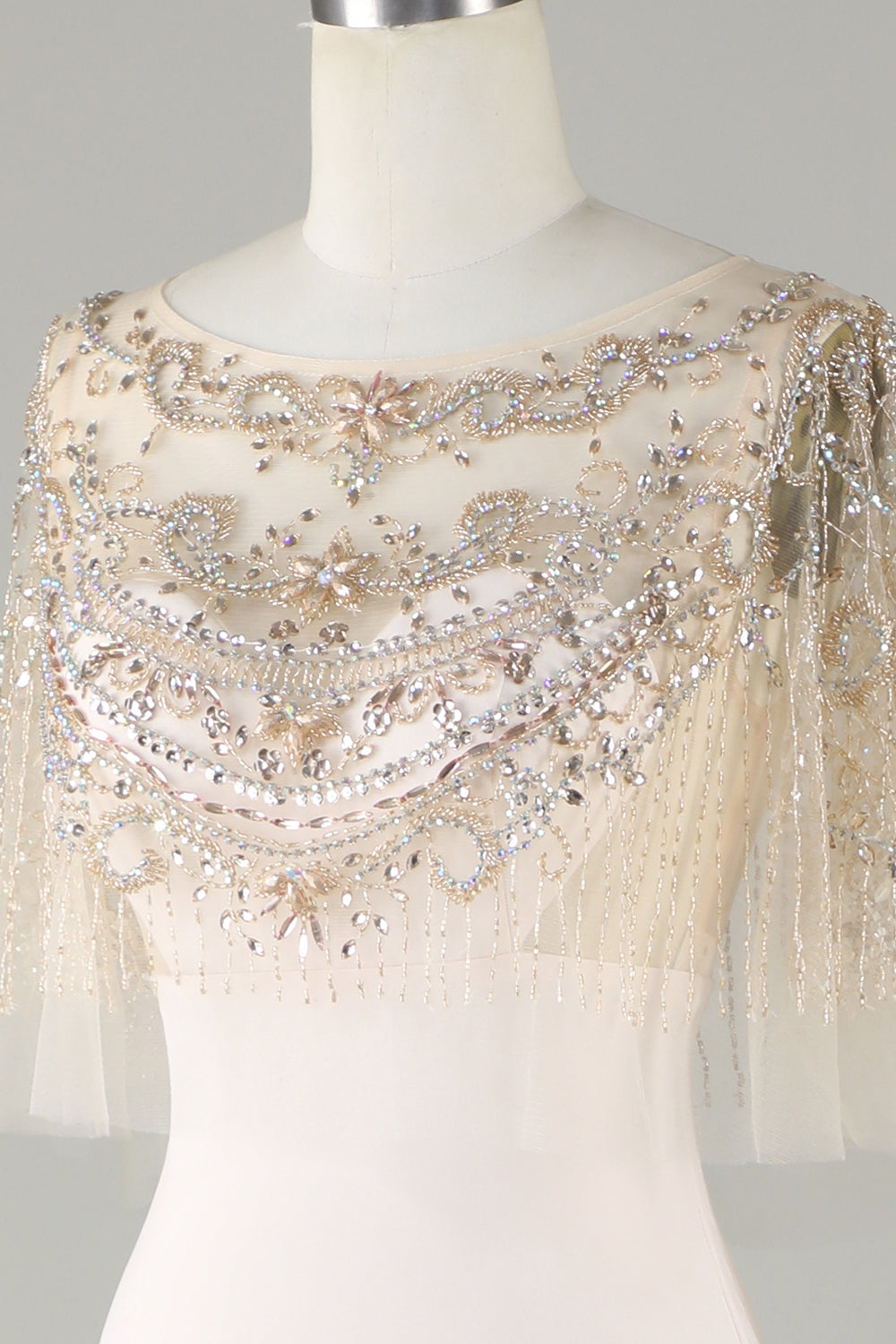 Sparkly Champagne Boat Neck Beaded Mermaid Long Ball Dress