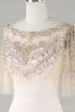Sparkly Champagne Boat Neck Beaded Mermaid Long Ball Dress
