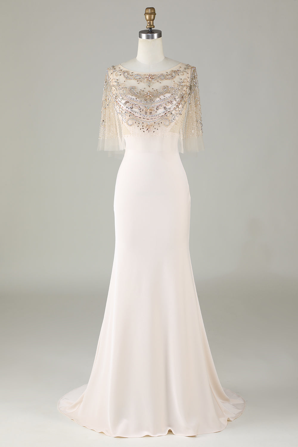 Sparkly Champagne Boat Neck Beaded Mermaid Long Ball Dress