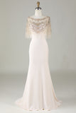 Sparkly Champagne Boat Neck Beaded Mermaid Long Ball Dress