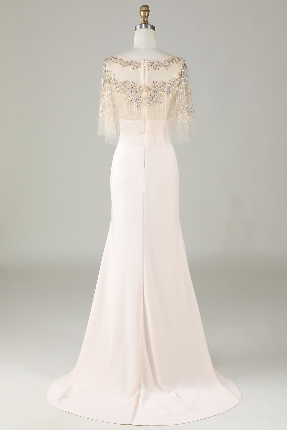 Sparkly Champagne Boat Neck Beaded Mermaid Long Ball Dress