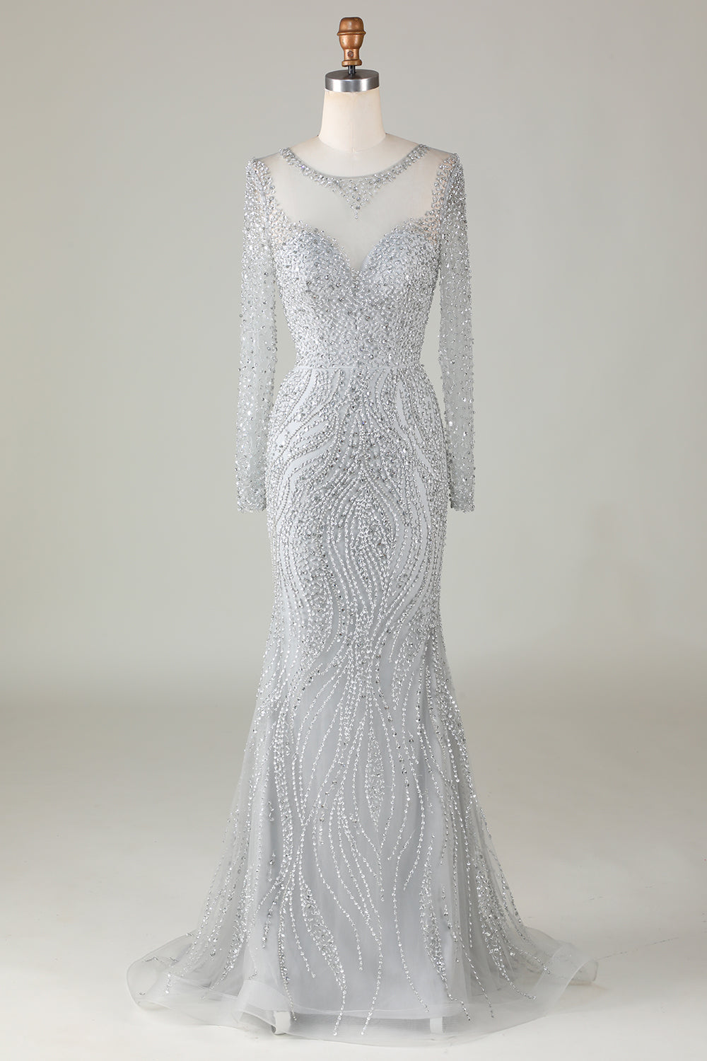 Gorgeous Sparkly Grey Beaded Mermaid Long Ball Dress