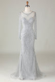 Gorgeous Sparkly Grey Beaded Mermaid Long Ball Dress