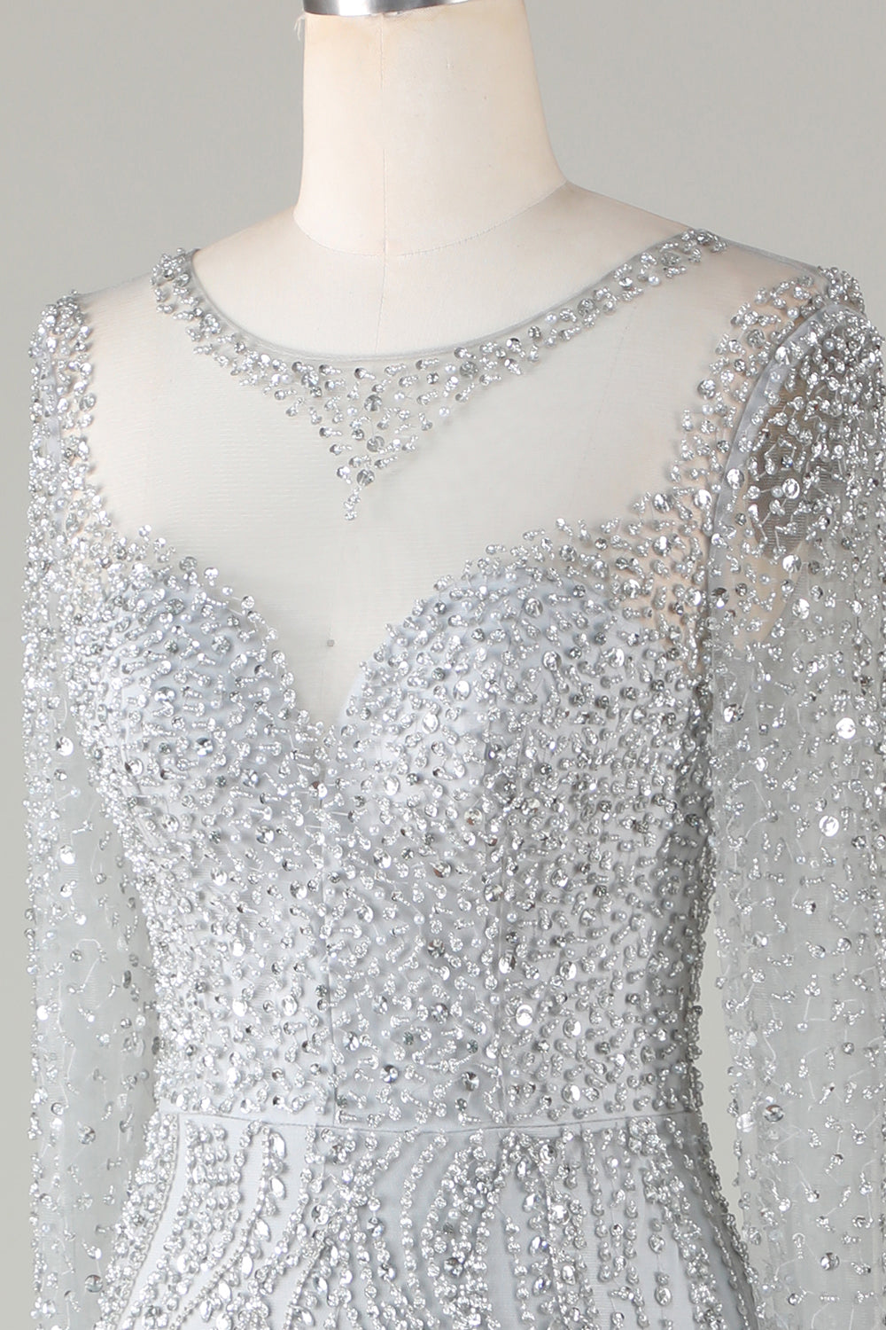 Gorgeous Sparkly Grey Beaded Mermaid Long Ball Dress