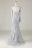 Gorgeous Sparkly Grey Beaded Mermaid Long Ball Dress