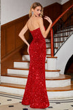 Sparkly Red Mermaid Strapless Sequins Long Ball Dress With Slit