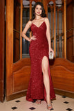 Sparkly Royal Blue Mermaid Spaghetti Straps V-Neck Sequin Long Ball Dress With Split
