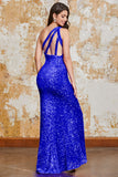 Glitter Black Mermaid One Shoulder Sequins Ball Dress With Slit