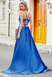 Royal Blue A Line Spaghetti Straps Long Backless Ball Dress with Appliques