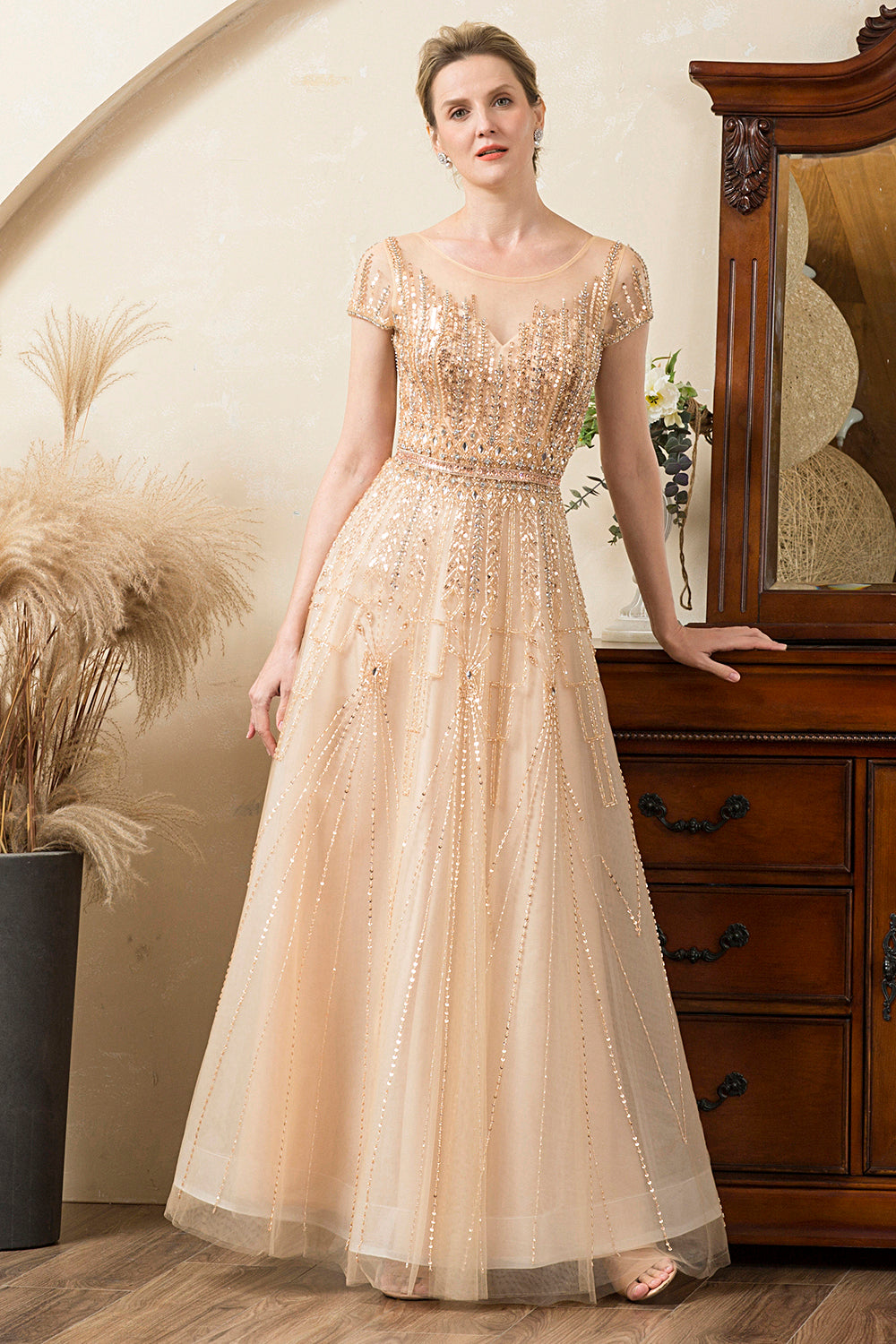 Golden A Line Beaded Mother of Bride Dress