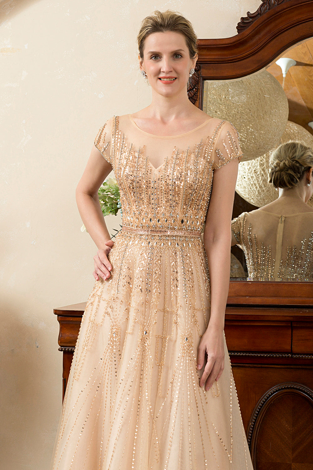 Golden A Line Beaded Mother of Bride Dress