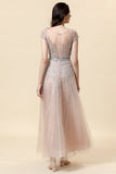 Sparkly Blush Beaded A-Line Tulle Ball Dress