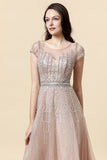 Sparkly Blush Beaded A-Line Tulle Ball Dress