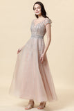 Sparkly Blush Beaded A-Line Tulle Ball Dress