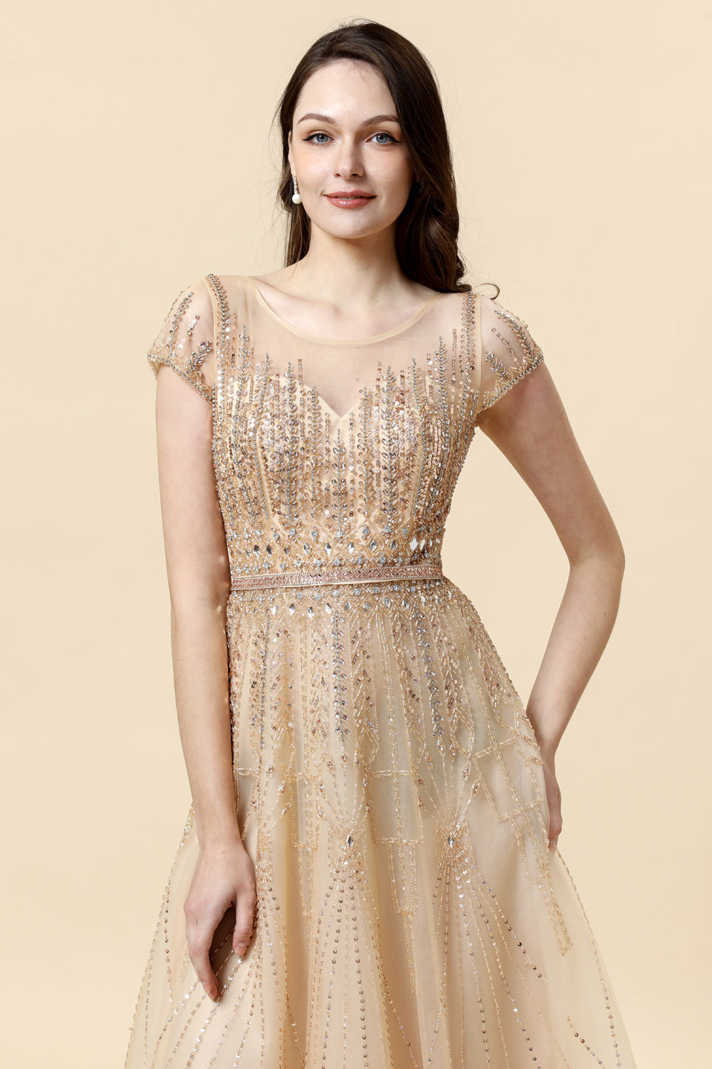 A Line Round Neck Golden Beaded Floor Length Ball Dress