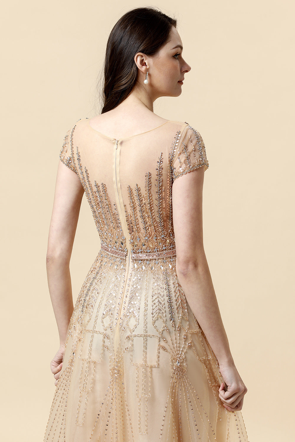 A Line Round Neck Golden Beaded Floor Length Ball Dress