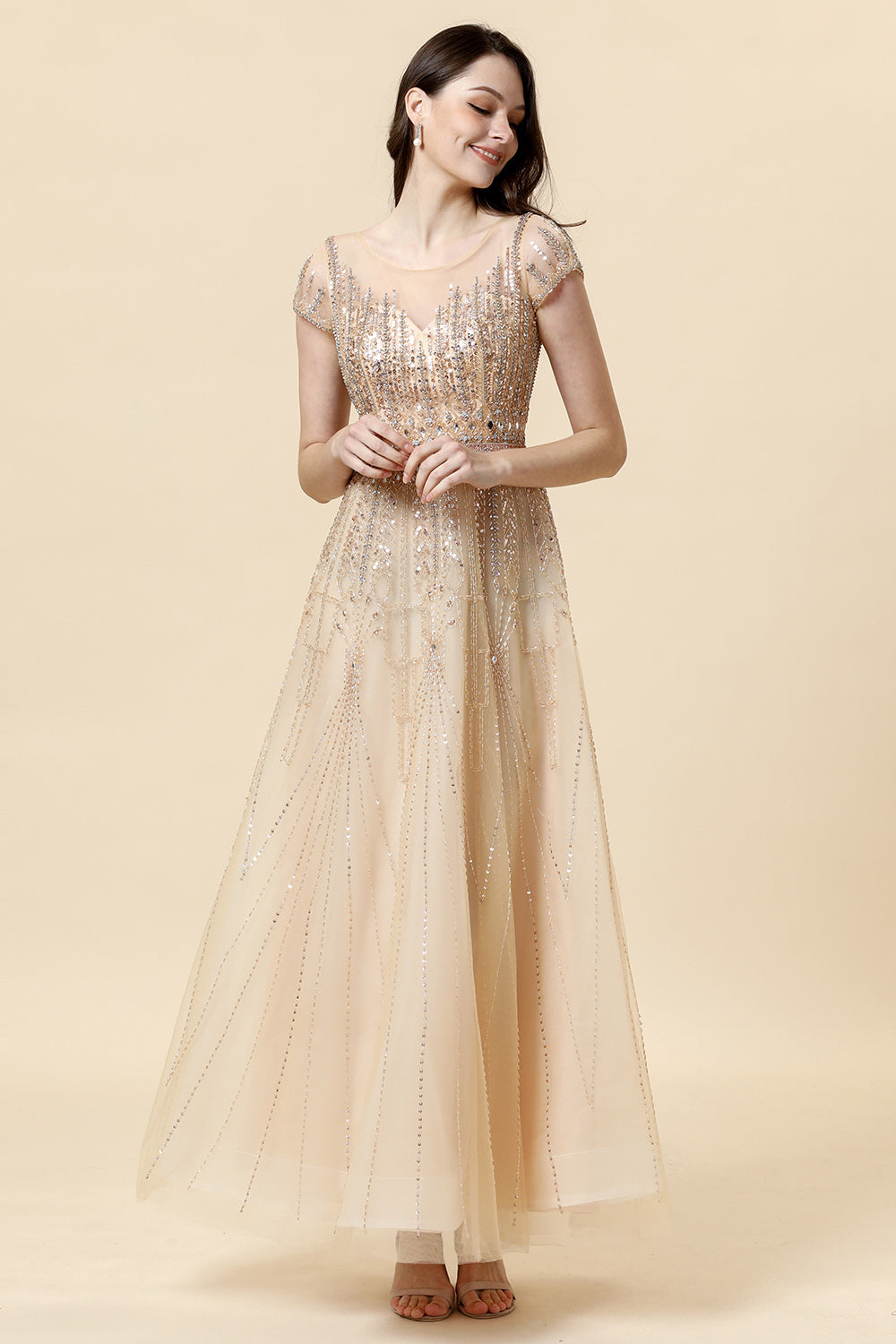 A Line Round Neck Golden Beaded Floor Length Ball Dress