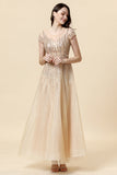 A Line Round Neck Golden Beaded Floor Length Ball Dress