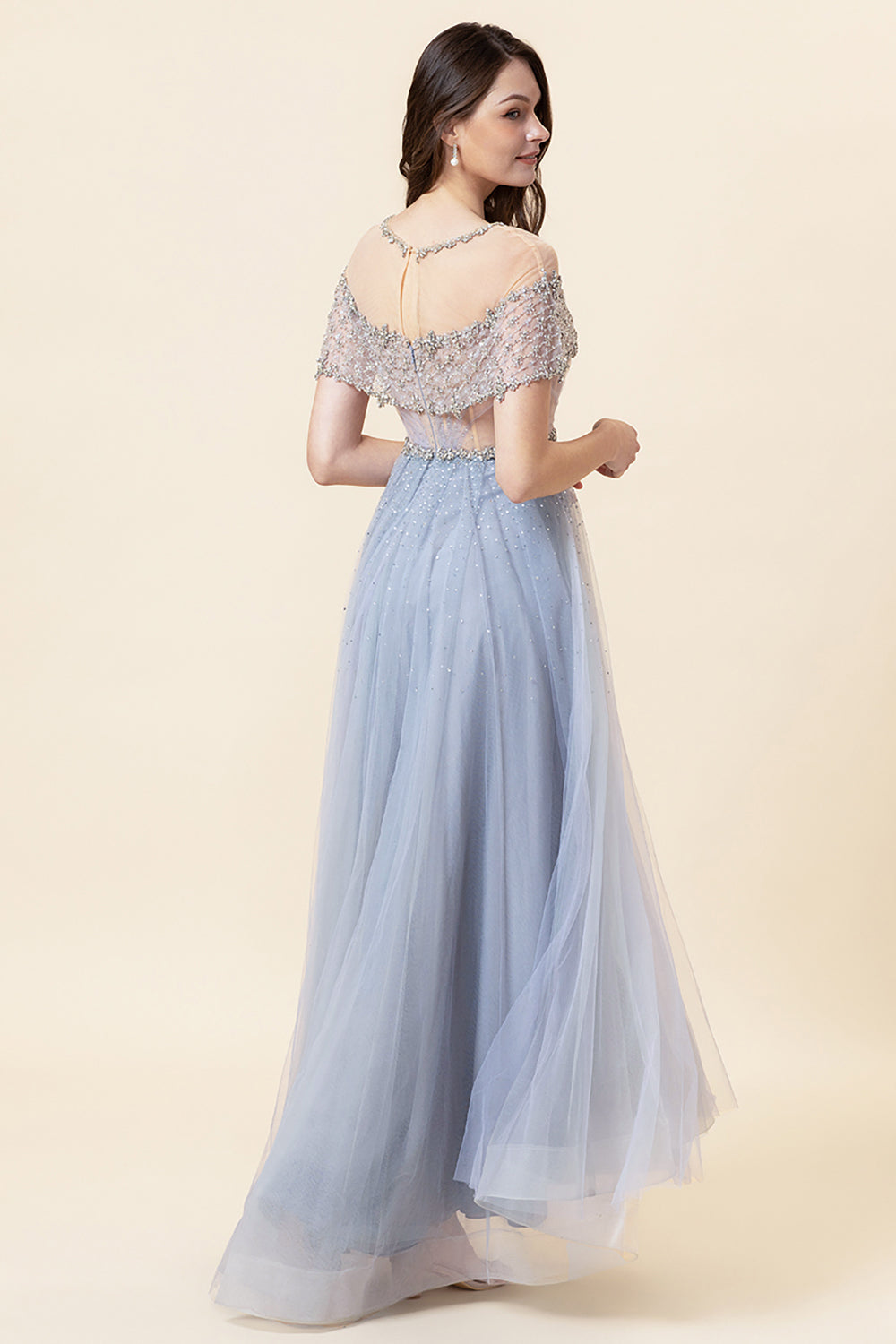 Sparkly Grey Beaded Long Tulle Ball Dress