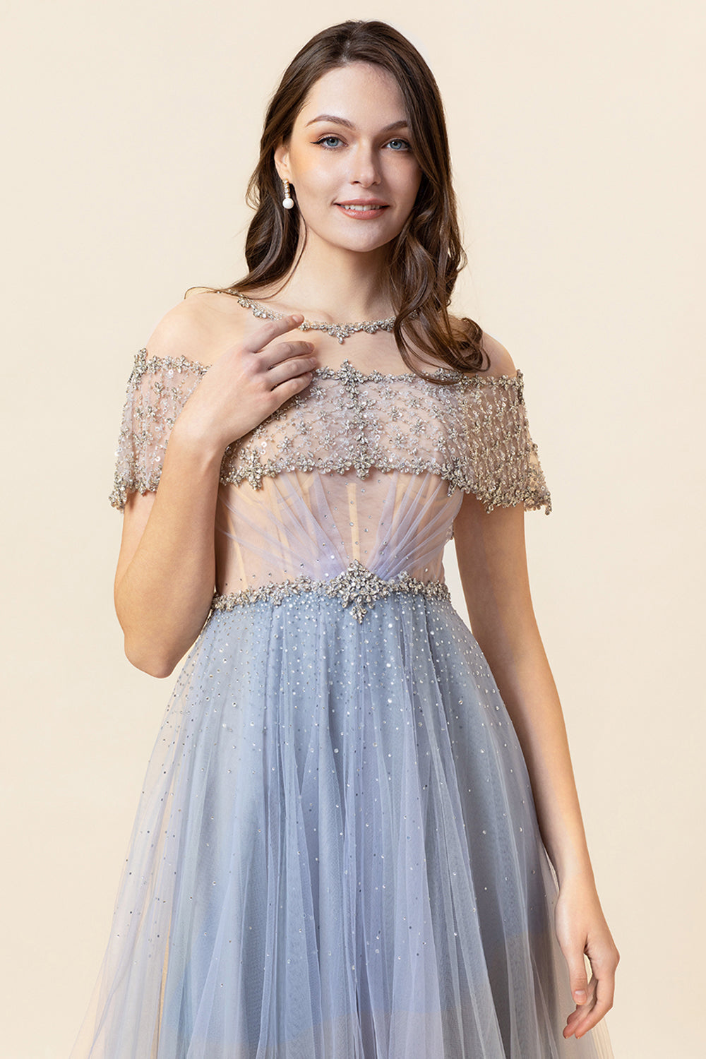 Sparkly Grey Beaded Long Tulle Ball Dress