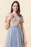 Sparkly Grey Beaded Long Tulle Ball Dress