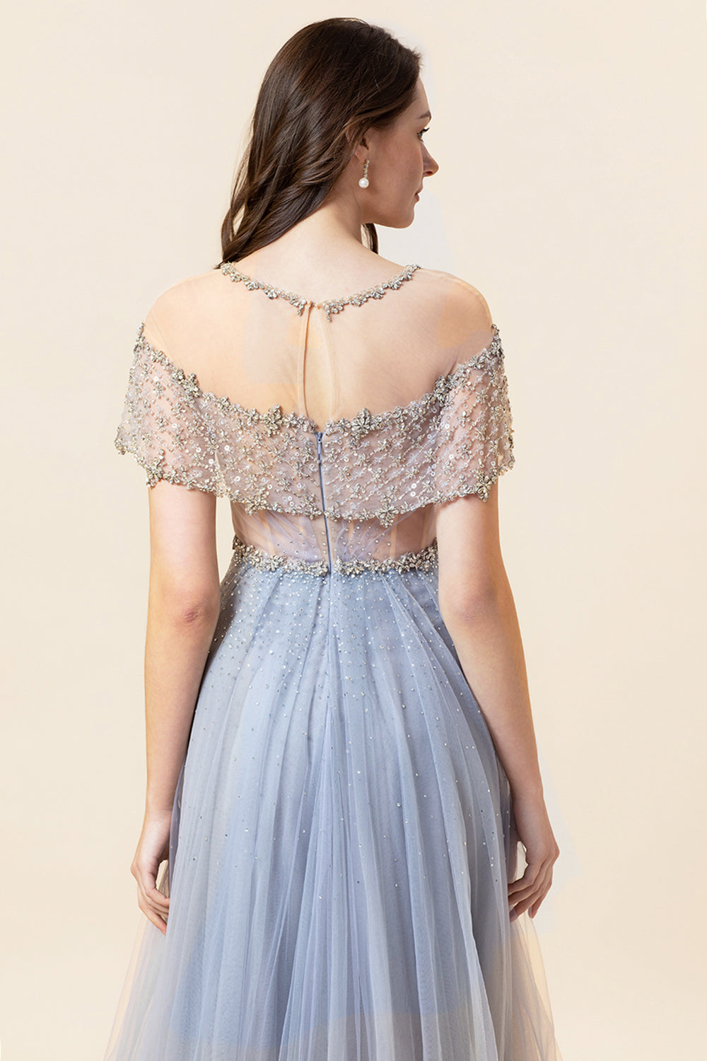 Sparkly Grey Beaded Long Tulle Ball Dress