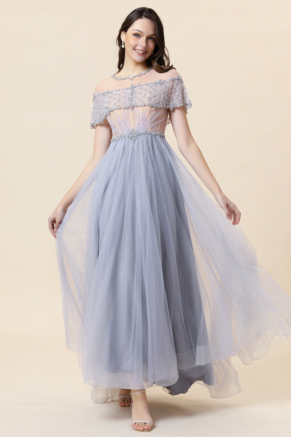 Sparkly Grey Beaded Long Tulle Ball Dress