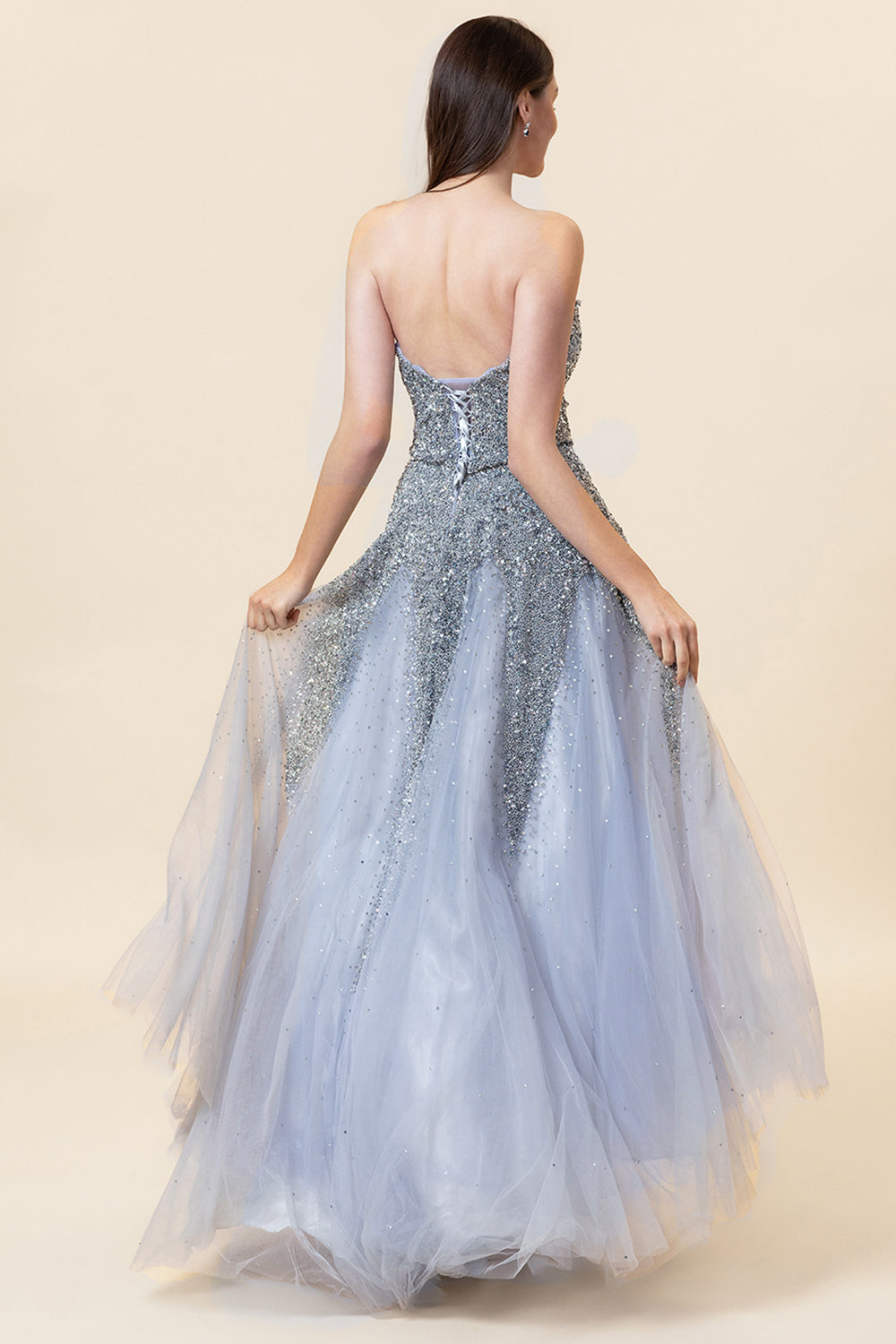 Sparkly Grey Beaded Tulle Sweetheart Long Ball Dress