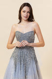 Sparkly Grey Beaded Tulle Sweetheart Long Ball Dress