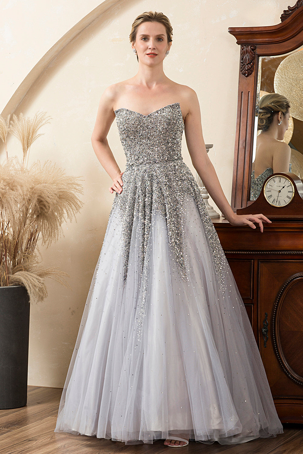 Grey A Line Beading Sparkly Mother of Bride Dress