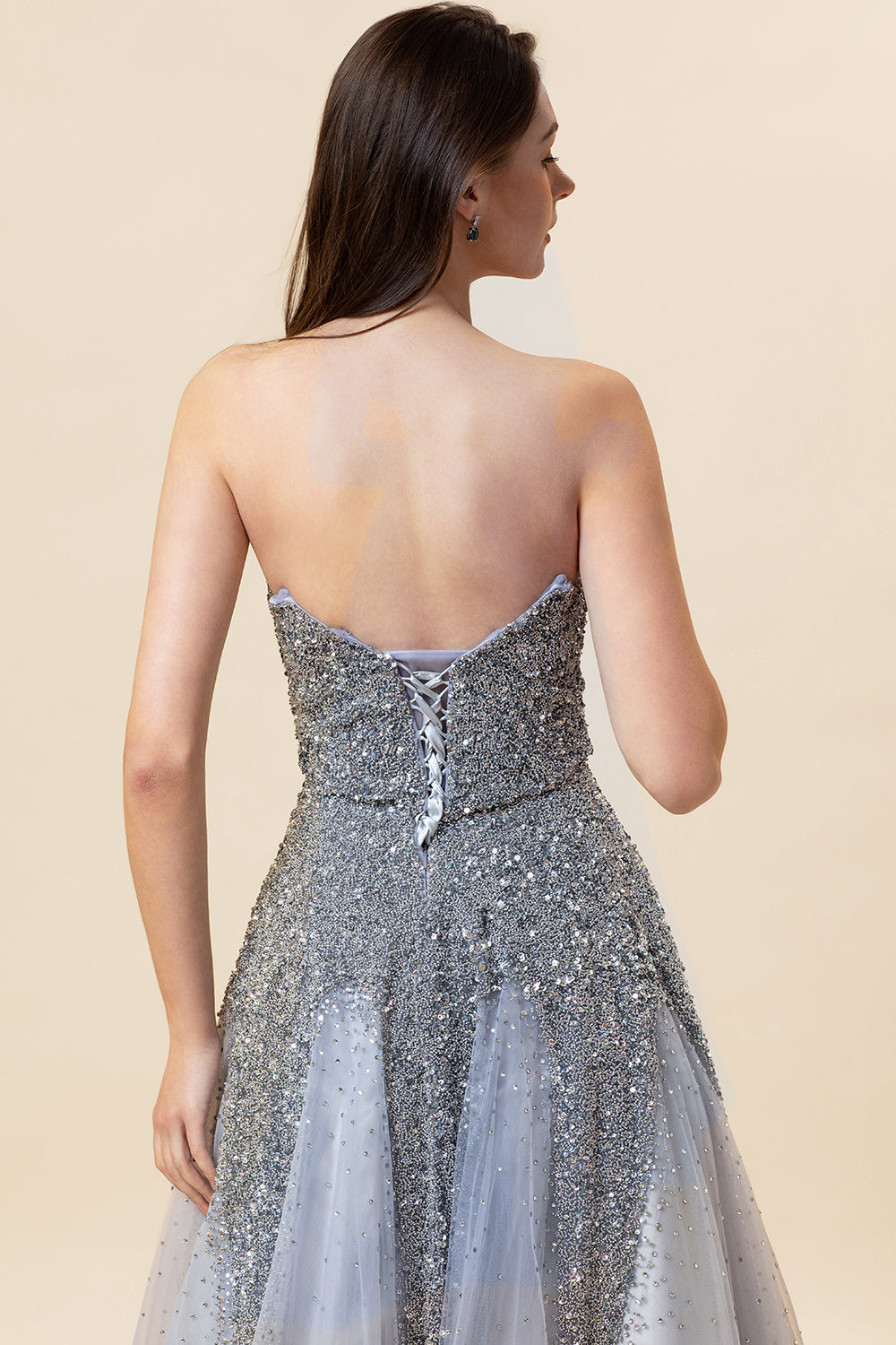 Sparkly Grey Beaded Tulle Sweetheart Long Ball Dress