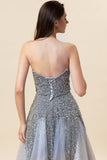 Sparkly Grey Beaded Tulle Sweetheart Long Ball Dress