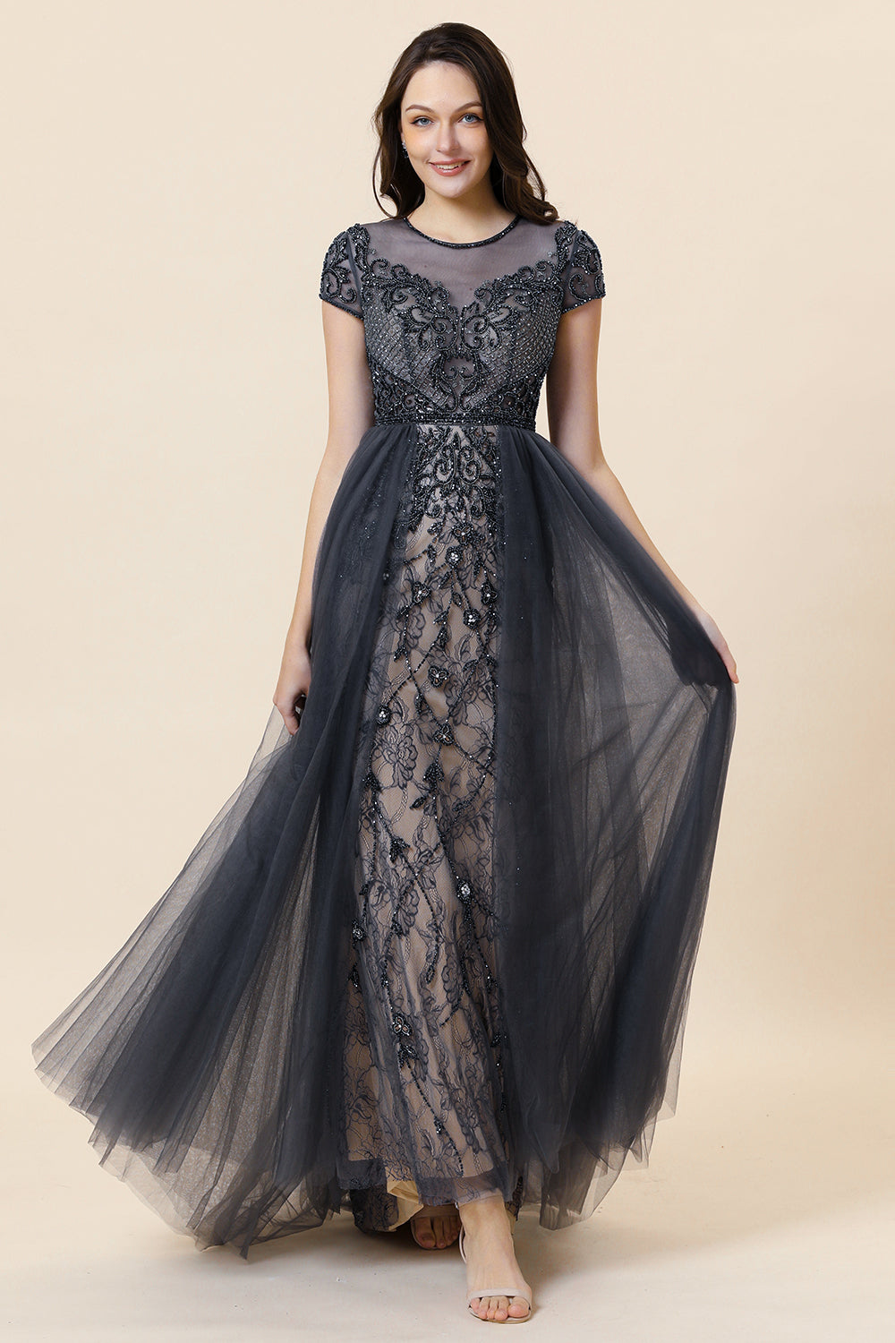 Sparkly Grey Beaded Long Ball Dress