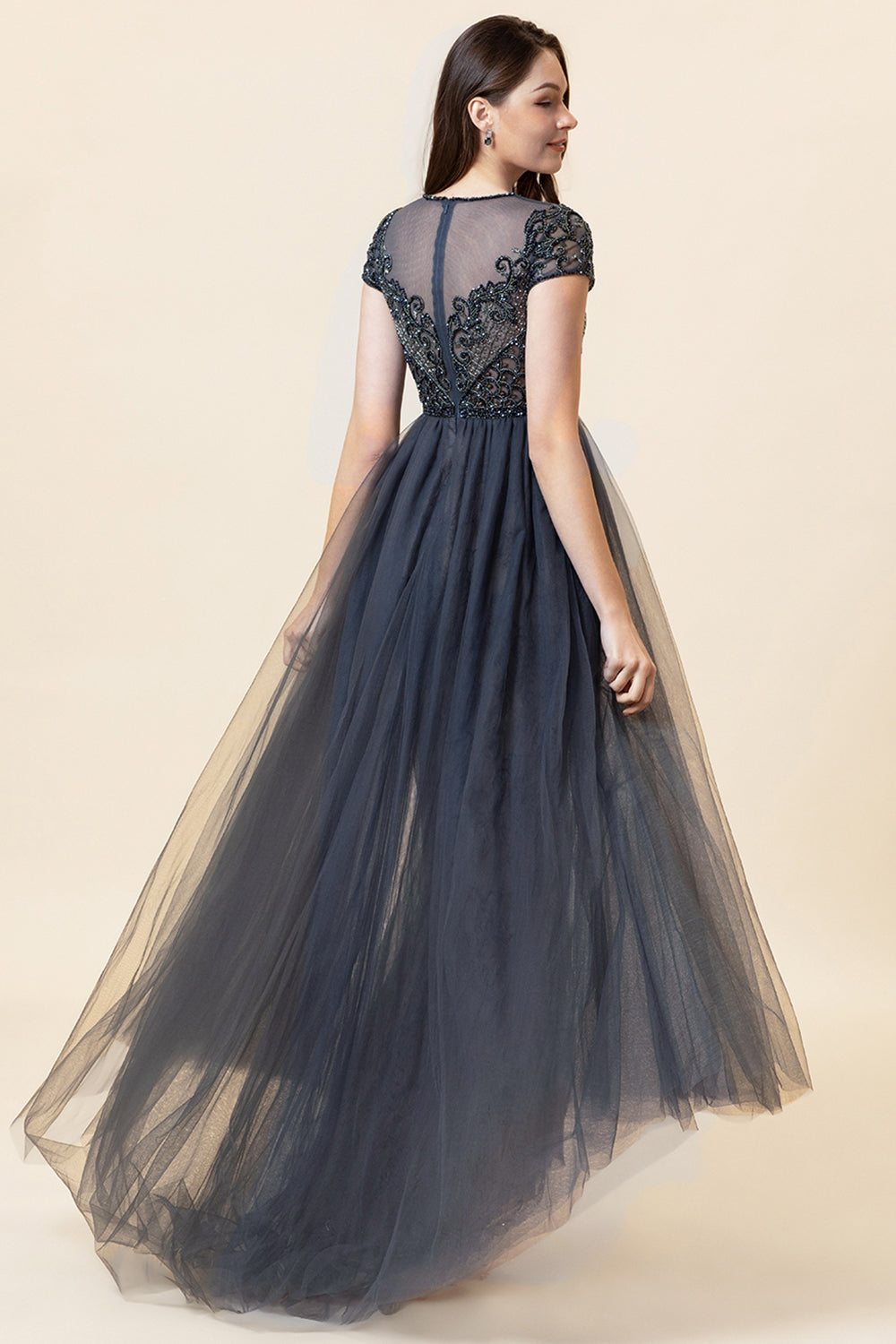 Sparkly Dark Grey Beaded Long Ball Dress