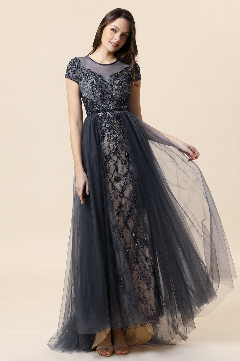 Sparkly Grey Beaded Long Ball Dress