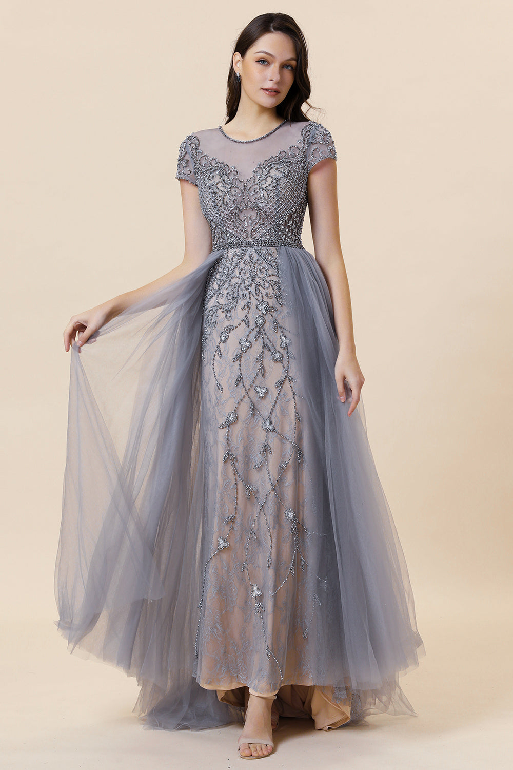 Sparkly Grey Beaded Long Ball Dress