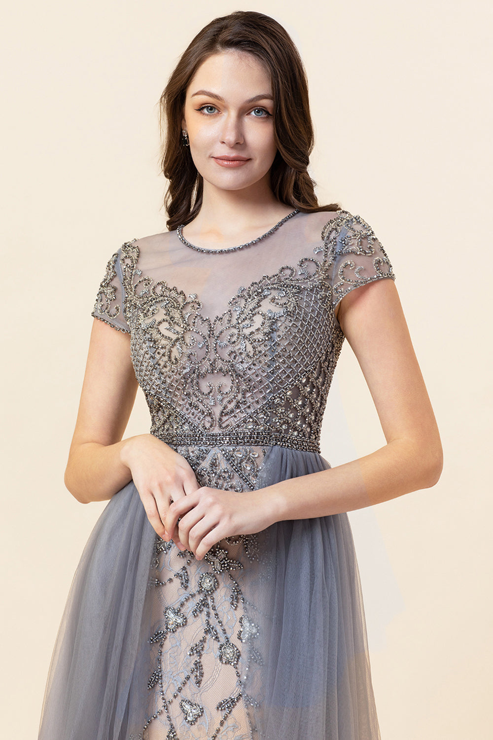 Sparkly Grey Beaded Long Ball Dress