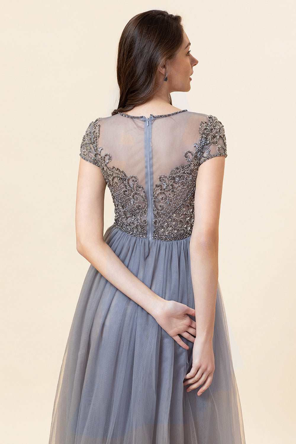 Sparkly Grey Beaded Long Ball Dress