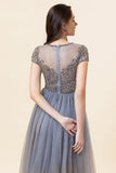 Sparkly Grey Beaded Long Ball Dress