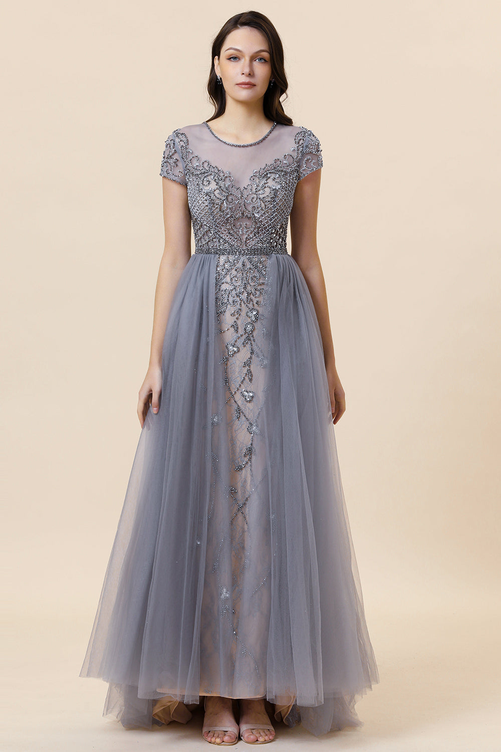 Sparkly Grey Beaded Long Ball Dress